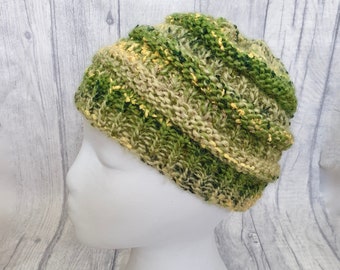 Knitted Beanie Hat, Hand Knitted Hat, Green Slouchy Beanie, Unisex Woolly Hat, Green and Yellow Winter Hat