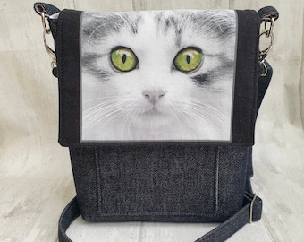Cat Crossbody Bag, Cat Themed Bag, Women's Messenger Bag, Gift for Cat Lover, Crazy Cat Lover, Denim