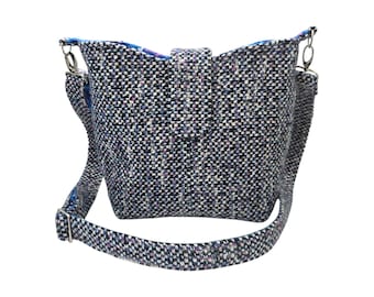 Tweed Bucket Bag, Crossbody Handbag, Pansy Floral Print, Adjustable Strap, Handmade Everyday Bag