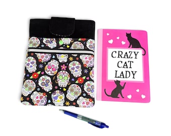 Sugar Skull Book Sleeve, Halloween Book Bag with Pockets