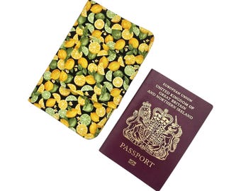 Lemon and Lime Print Passport Holder, Fabric Travel Wallet for 3 Passports, Fruity Accessories