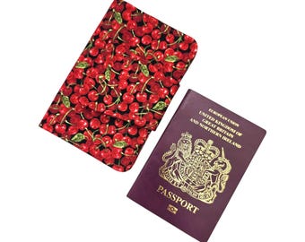 Red Cherry Print Passport Holder, Fabric Travel Wallet for 3 Passports, Fun Summer Accessories