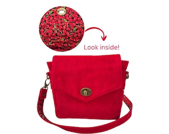 Small Red Crossbody Bag with Cherry Lining, Corduroy Fruit Themed Shoulder Bag, Y2K Accessories