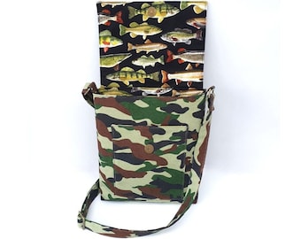Camo Crossbody Messenger Bag with Funky Fish Lining, Perfect Fishing Gift, Ideal Father's Day Gift