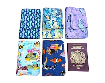 Handmade Fabric Passport Holder, Travel Wallet for 3 Passports, Fish and Seahorse Design