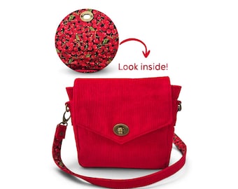 Small Red Crossbody Bag with Cherry Lining, Corduroy Shoulder Bag, Y2K Accessories