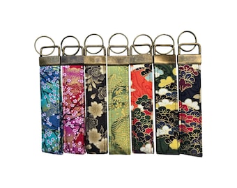 Japanese Wristlet Key Fob, Handmade Short Fabric Keyring, Floral Keychain