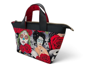 Halloween Mini Tote Bag, Gothic Sugar Skull Handbag, Goth Accessories