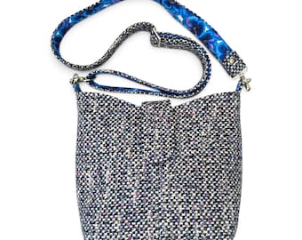 Tweed Bucket Bag, Blue Floral Crossbody Handbag, Pansy Print Lining