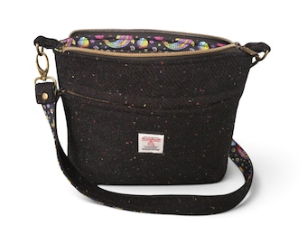 Black Harris Tweed Crossbody Bag, Women's Shoulder Bag with Rainbow Fish Lining
