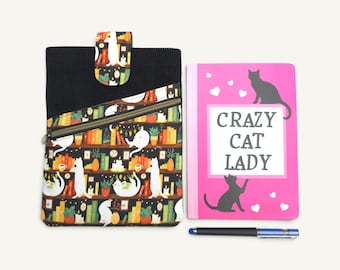 Cat Lover Book Sleeve, Kindle Case with Pockets, Handmade Book Bag