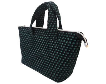 Green and Black Mini Tote Bag, Wool Blend Handbag, Celtic Pattern Fabric