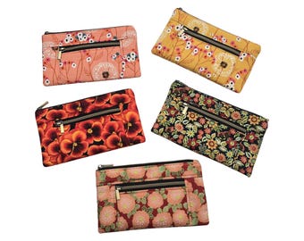 Orange Floral Coin and Card Purses, Small Zipped Pouch, Card Holder
