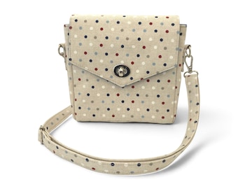 Small Crossbody Bag, Polka Dot Handbag with Flap and Twist Lock, Blue Floral Lining
