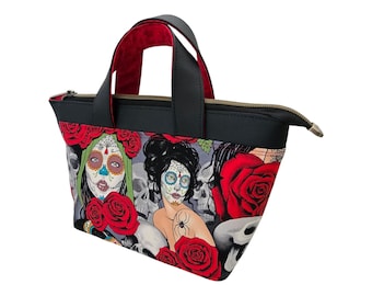 Halloween Mini Tote Bag, Gothic Sugar Skull Handbag, Goth Accessories