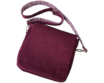 Burgundy Corduroy Messenger Bag, Women's Crossbody with Pink Floral Fabric Lining