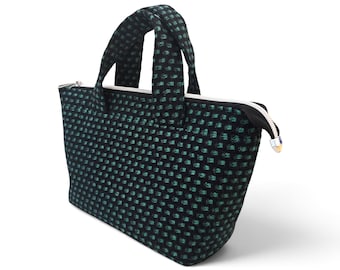 Small Tote Bag, Green and Black Wool Blend Handbag, Celtic Pattern Fabric
