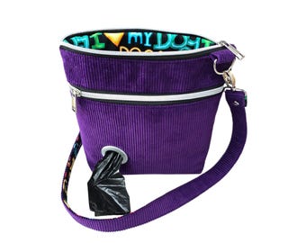 Dog Walking Bag, Purple Corduroy Crossbody with Rainbow Lining