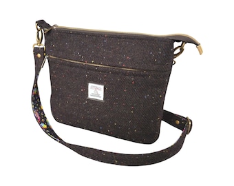 Harris Tweed Bag, Black Shoulder Bag with Fish Lining, Women's Rainbow Crossbody