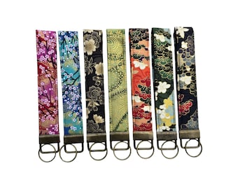 Japanese Fabric Key Fob Wristlet, Handmade Floral Key Holder