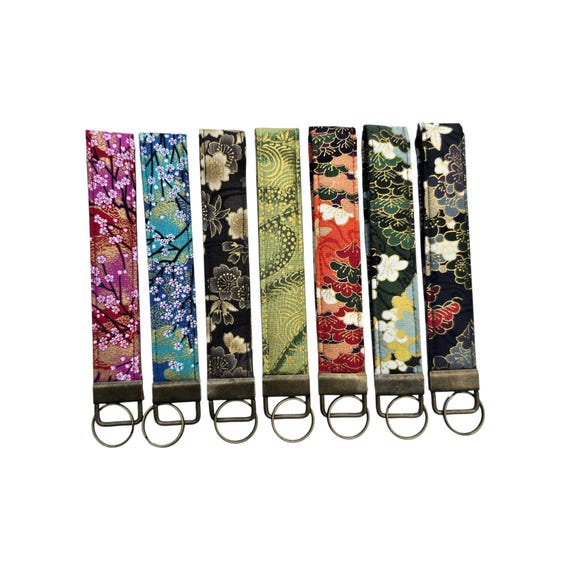 Japanese Fabric Key Fob Wristlet, Handmade Floral Key Holder
