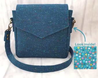 Small Crossbody Bag in Teal Wool with Cute Paw Print Lining, Gift for Cat and Dog Lovers