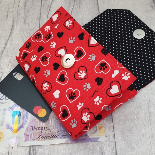 Ladies Red Purse, Paw Print Wallet, Gift for Cat Lover, Gift for Dog Lover, Fabric Purse, Paw Print and Hearts Purse, Dog Walker Gift