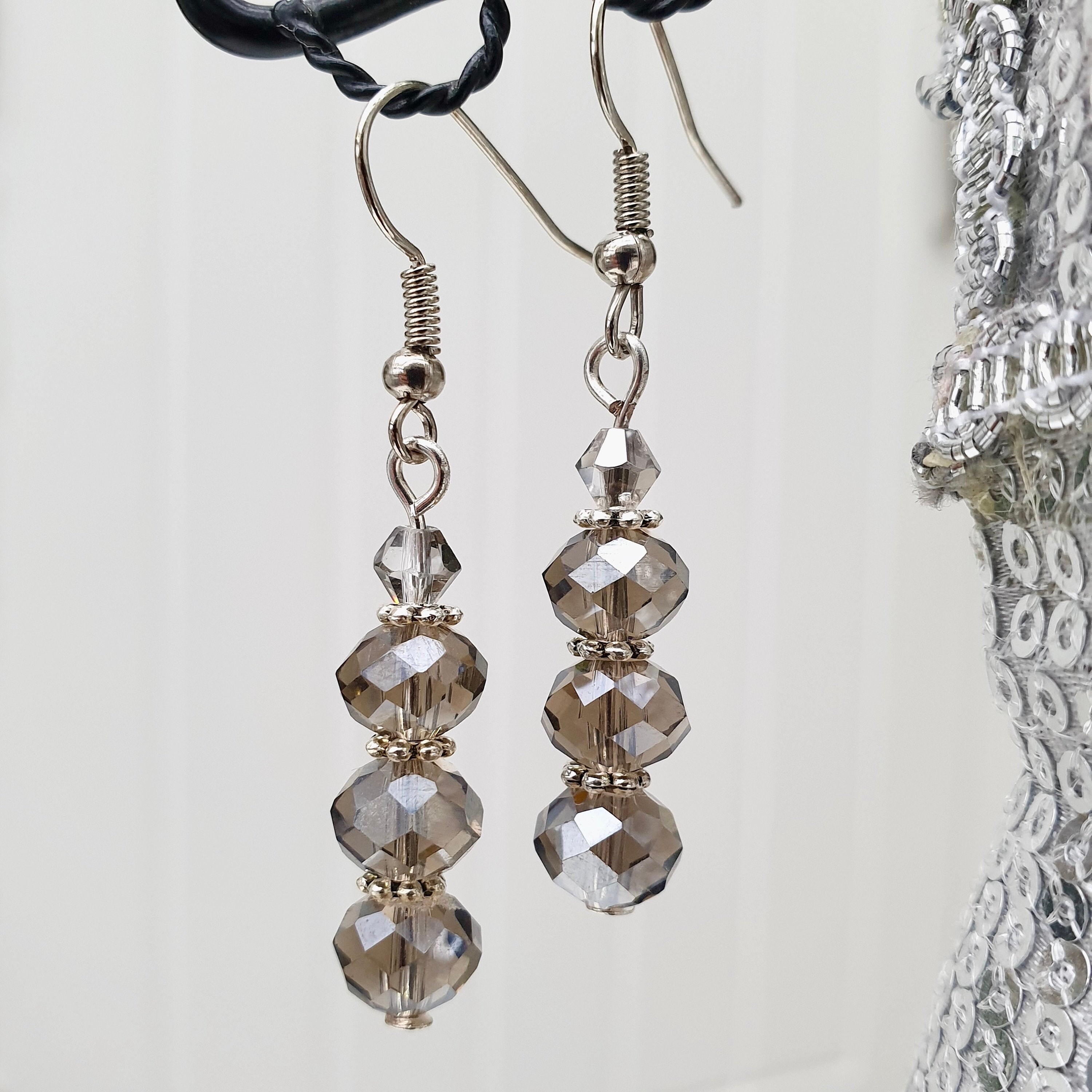 Grey Crystal Earrings Grey Drop Earrings Grey Dangle Etsy