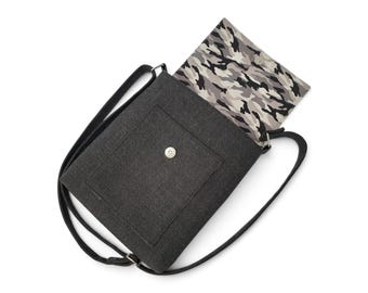 Messenger Bag with Camouflage Lining, Grey Unisex Crossbody with Adjustable Strap