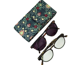 William Morris Double Glasses Case, Green Floral Fabric Sunglasses Holder