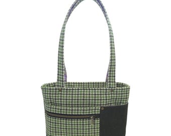 Handmade Wool Dogtooth Tote Bag: Green Shoulder Bag with Zipper