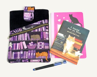 Purple Book Sleeve, Kindle Case for Cat Lover, Handmade Book Bag with Pockets