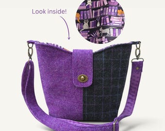 Purple Harris Tweed Bag, Cat Fabric Crossbody Bucket Bag