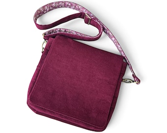 Burgundy Corduroy Messenger Bag, Women's Crossbody Satchel with Pink Floral Fabric Lining