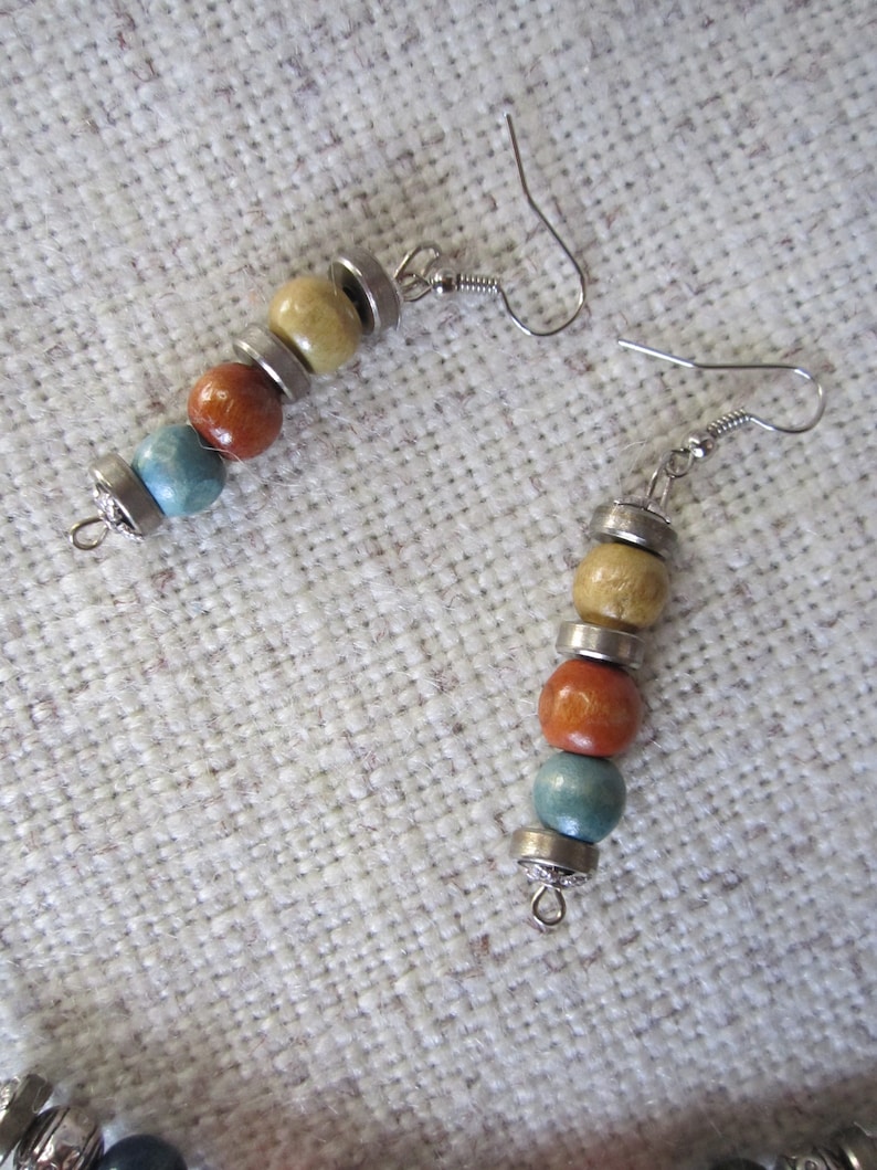 Colored Wood Beaded Jewelry Set Rainbow Necklace And Earrings Wooden Beads Metal beads Cotton string Boho Style Hippie Style