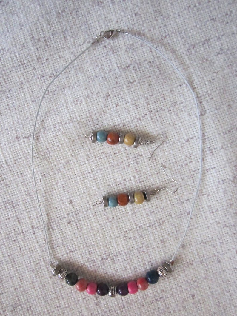 Colored Wood Beaded Jewelry Set Rainbow Necklace And Earrings Wooden Beads Metal beads Cotton string Boho Style Hippie Style