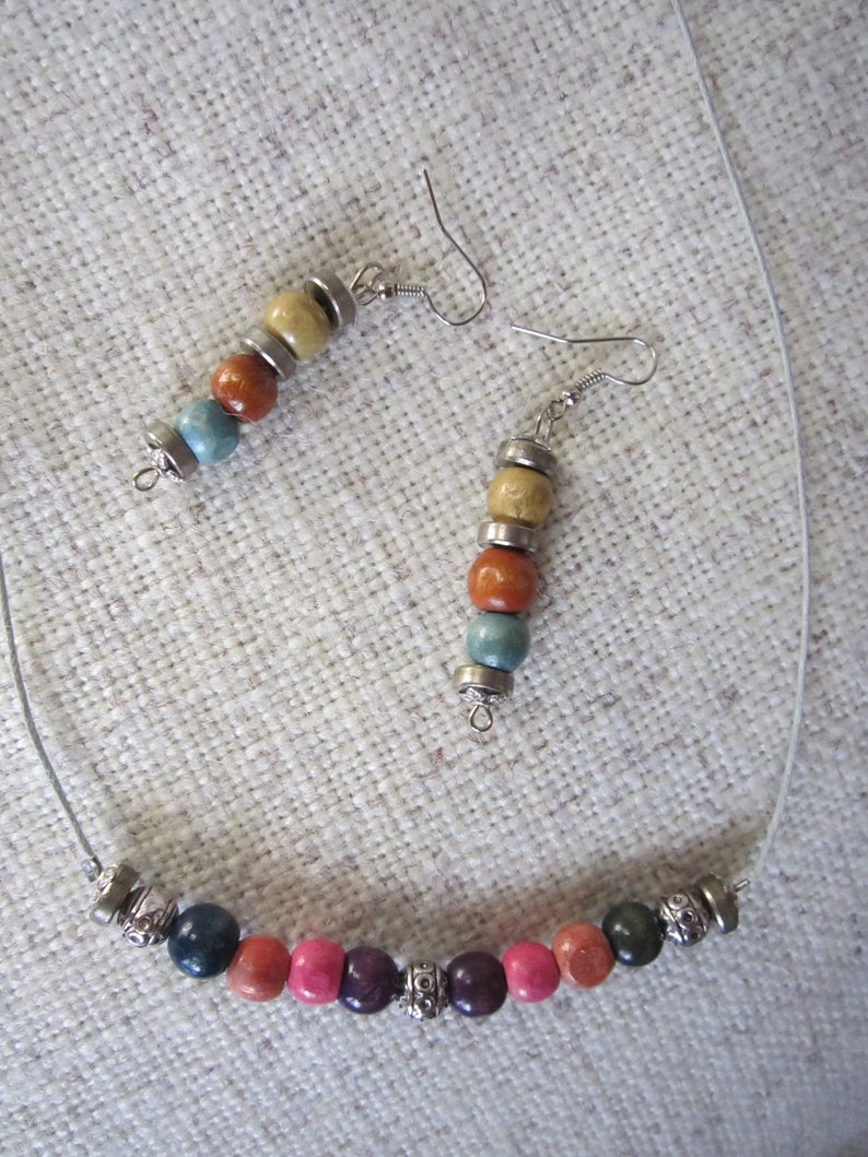Colored Wood Beaded Jewelry Set Rainbow Necklace And Earrings Wooden Beads Metal beads Cotton string Boho Style Hippie Style