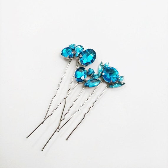 Sky Blue Set Of 3 Rhinestone Hair Pin Something Blue Hair Comb Etsy