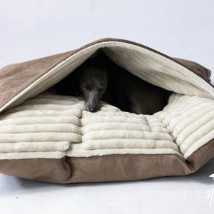 May include: A brown dog bed with a hooded design. The bed features a soft, cream-colored interior and a ribbed, plush sleeping surface. A grey dog is resting inside the bed.