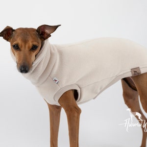 Op de afbeelding: Een beige hondentrui met een hoge hals en een klein logo op de rug. De trui is gemaakt van een zacht, comfortabel materiaal en is perfect om je hond warm te houden in de koudere maanden.
