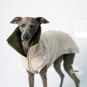 Può includere: Un cappotto per cani in pile beige con una fodera in pile verde intorno al collo. Il cappotto ha una chiusura a zip e un piccolo cartellino bianco sul davanti. Il cane è un levriero italiano grigio che indossa il cappotto. Il testo "spessore" è scritto in nero su un rettangolo bianco con le parole "LIGHT" e "MEDIUM" scritte in nero su rettangoli bianchi sotto. Il testo "Aurora Wilde" è scritto in corsivo nero.