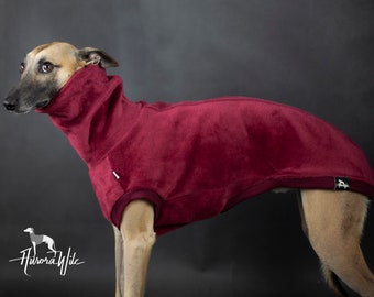 Könnte beinhalten: Ein burgunderfarbener Hundepullover mit hohem Kragen und einem kleinen Logo auf der Rückseite. Der Pullover ist aus weichem, plüschigem Material.