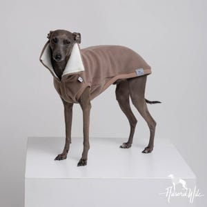 May include: A grey Italian Greyhound dog wearing a taupe fleece coat with a white fleece lining and a high collar. The coat features a front zipper closure, ribbed arm openings, and a small grey rectangular brand tag on the side.