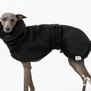 Può includere: Un maglione per cani nero e soffice con un collo alto e un piccolo logo sul lato. Il maglione è indossato da un levriero italiano grigio.