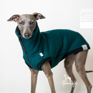 Könnte beinhalten: Ein tealblauer Fleece-Hundemantel mit schwarzem Reißverschluss und Besatz. Der Mantel wird von einem grauen Italienischen Windhund getragen. Der Text "thickness" ist in der oberen rechten Ecke des Bildes sichtbar, mit den Wörtern "LIGHT" und "MEDIUM" in einem Kasten darunter.