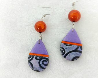 purple orange black earring, drop shape, orange pearl, stainless steel hook, art deco style, handmade, unique creation