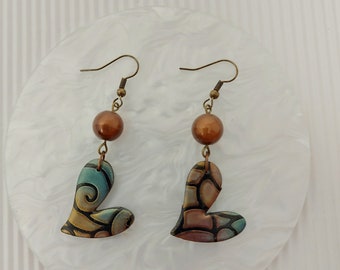 copper and turquoise heart earring changing reflections, depth effect glass bead, unique model