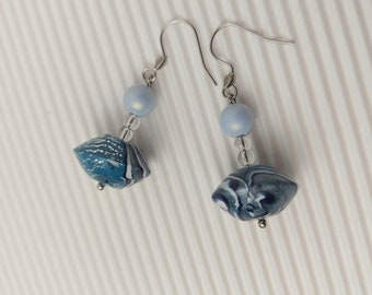 blue and silver earrings, pearl satin; original saucer 3 D shape, light in polymer clay, stainless steel hook, unique creation