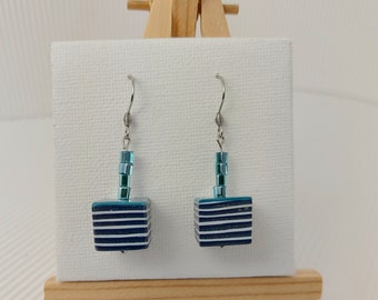 blue striped white long cube earrings, stainless steel hook, very original and light, short or long hair, easy to wear