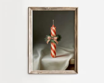Striped Candy Cane Christmas Taper Candle Art Print, Vintage (Digital Download)
